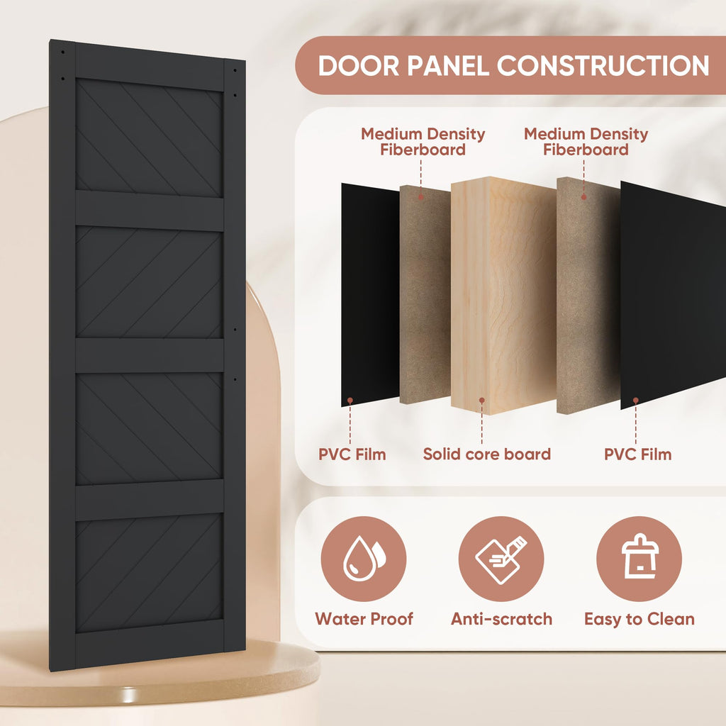 30x84 inch Sliding Barn Door, Wave Shape 4-Panel Door, Black