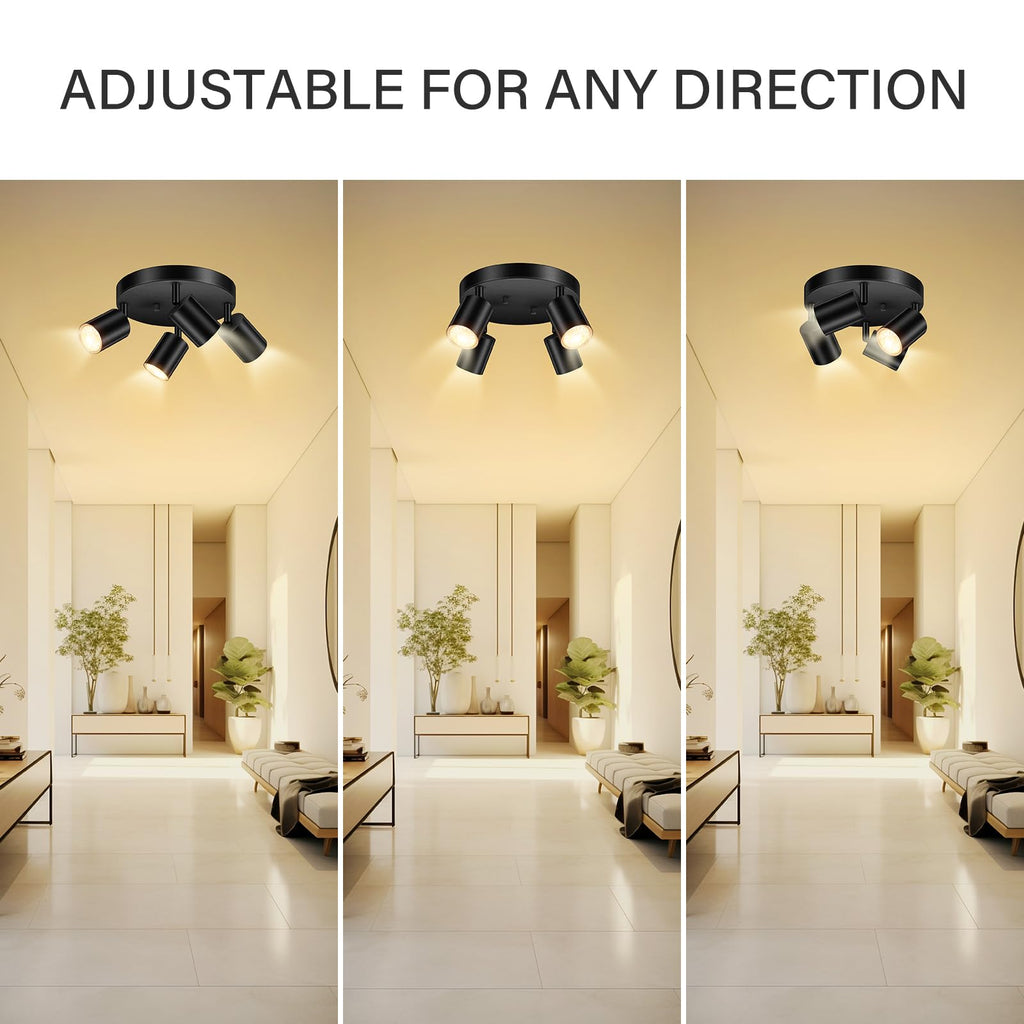 LED 4 Light Track Lighting Kit, LED Track Lighting Fixtures, Black Round Ceiling Spot Lighting, Flexibly Rotatable