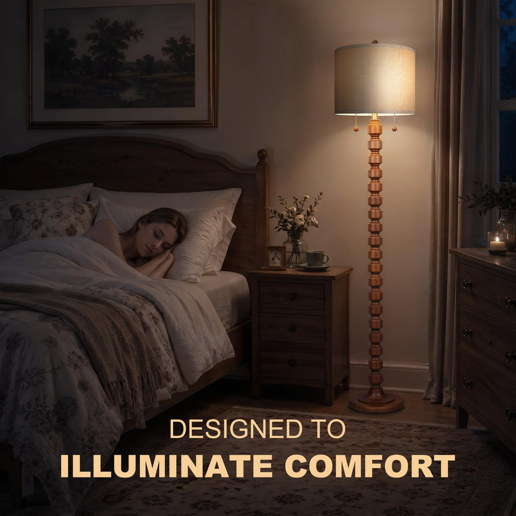 63.5"H Solid Wood Floor Lamp Bedroom, Pull Chain