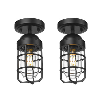 2 Pack Outdoor Ceiling Lights, Modern Industrial Semi Flush Light Fixtures with Clear Tempered Glass in Black Finish