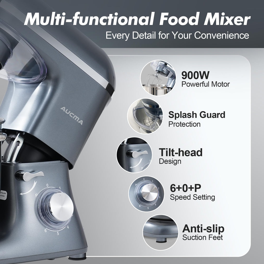 Stand Mixer,8QT 900W Tilt-Head Food Mixer, Kitchen Electric Mixer with Dough Hook, Wire Whip & Beater (Gray, 8QT)