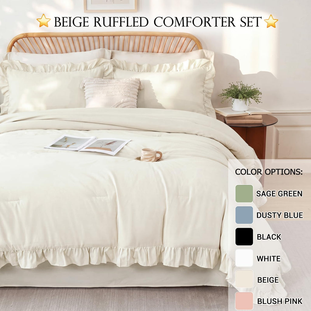 Beige Queen Comforter Set 5 Pieces Ruffle Shabby Chic Bedding Set for All Season Lightweight Fluffy Soft Microfiber