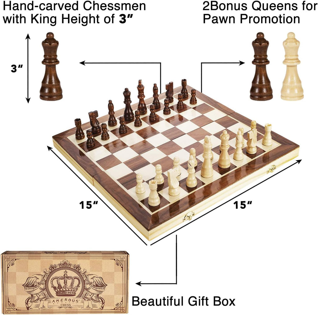 Inches Magnetic Wooden Chess Set - 2 Extra Queens - Folding Board - Pieces Storage Slots, Handmade Portable Travel - Set of 32