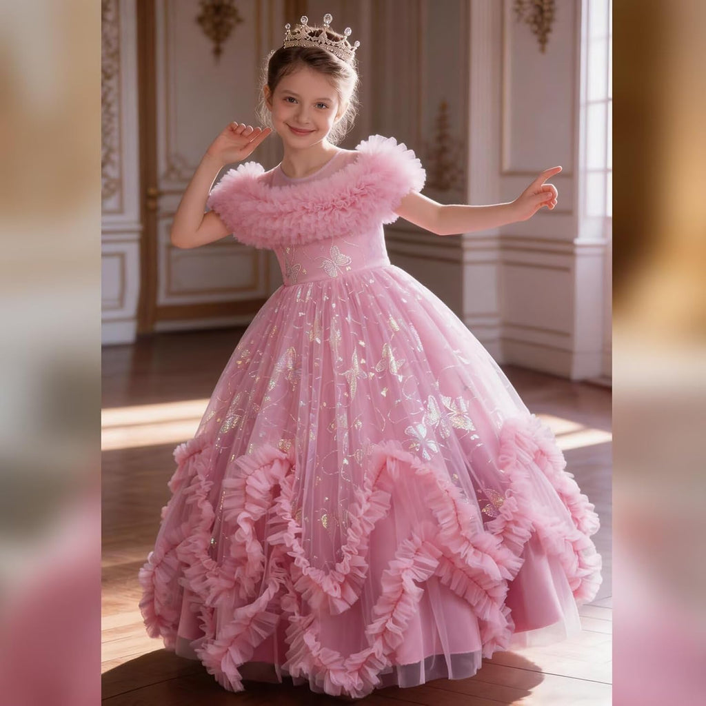 Flower Girl Dress Ruffle Butterfly Embroidery Princess Dress Tiered Tulle Wedding Party Birthday Ball Gown