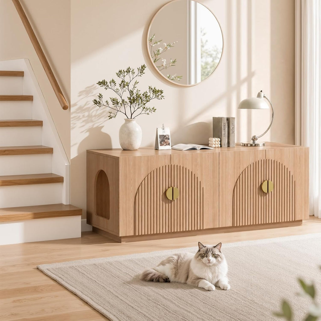 Double Cat Litter Box Enclosure Furniture with Optional Divider