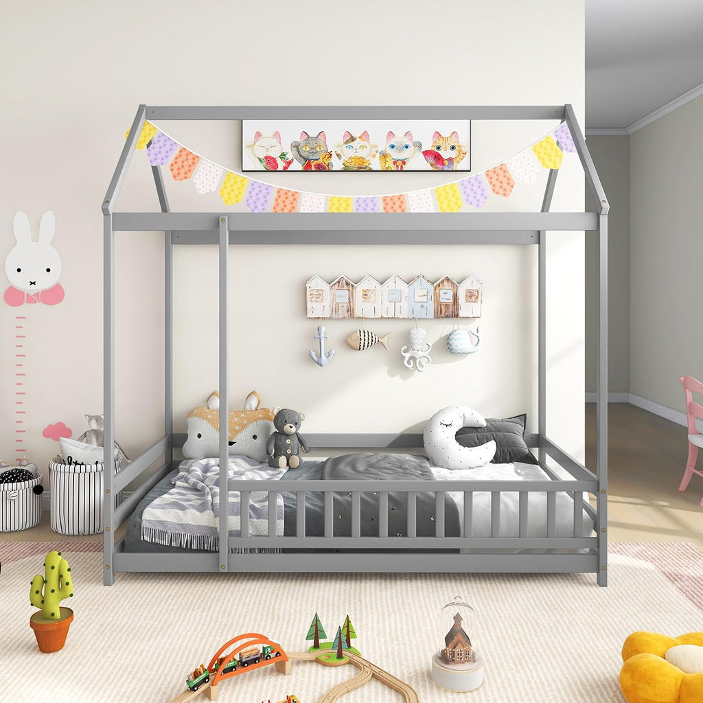 Floor House Bed, Wooden Montessori Bed with Roof &Full-Length Safety Guardrail, Floor Playhouse Bed Frame