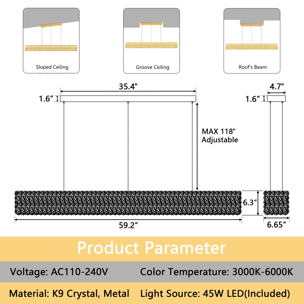 Rectangular Crystal Chandelier Dimmable LED Linear Chandeliers Remote Ceiling Pendants Light Fixture Island Gold