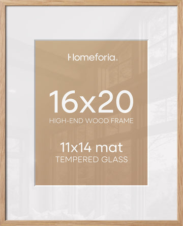 16x20 Natural Oak Picture Frame, High-End Wood, 11x14 Mat, Glass