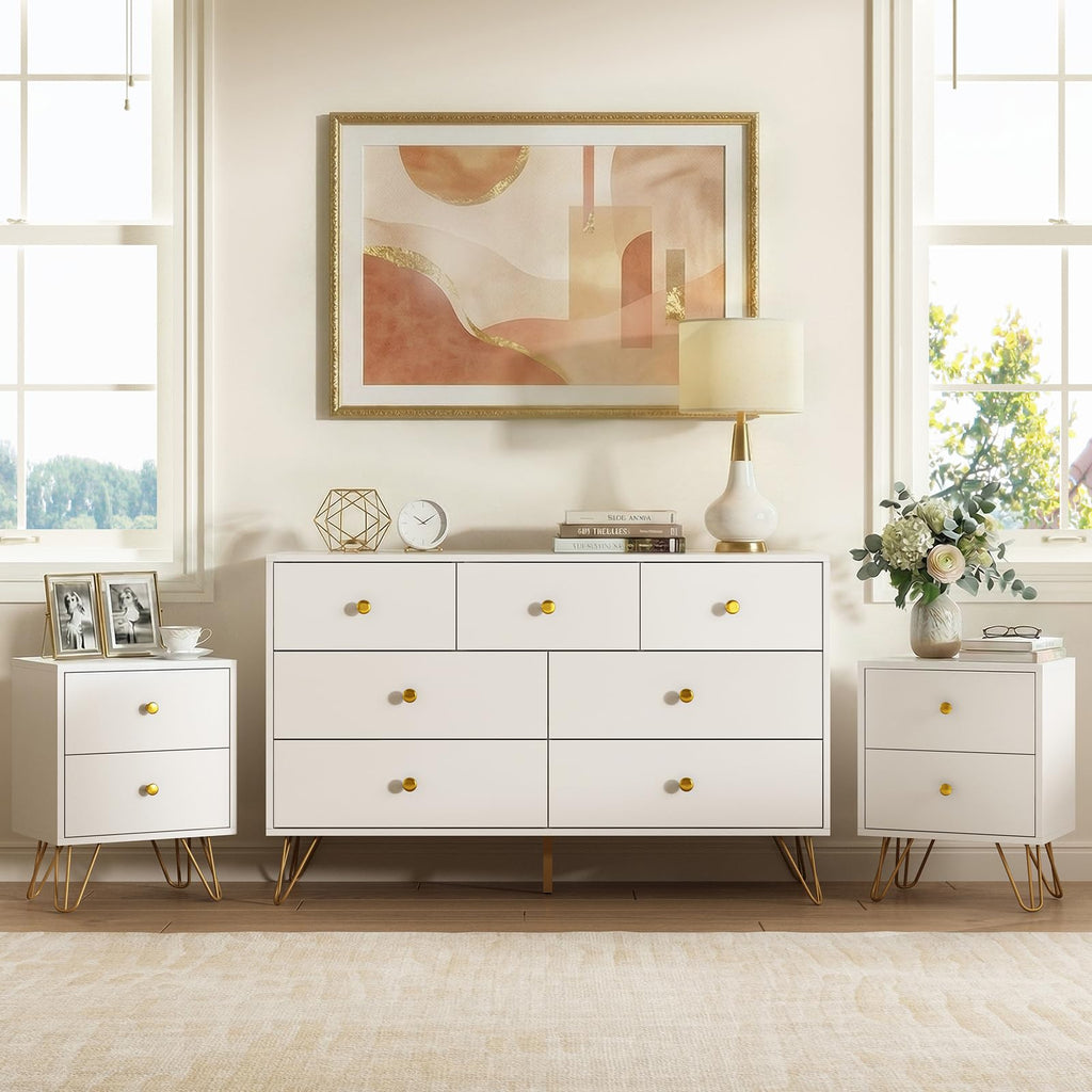 White, Modern 7 Drawer with Gold Handles and Metal Legs, White and Gold Dressers & Chest of Drawers