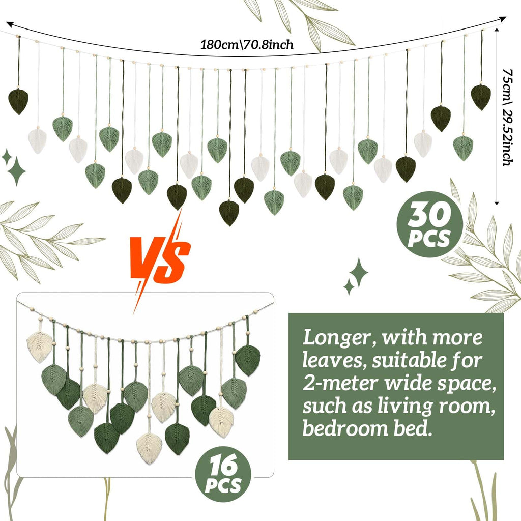 30 Pcs Large Macrame Wall Hanging 71 x 30'' Green Tapestry Boho Home Decor With Light Bohemian Leaf Tapestry
