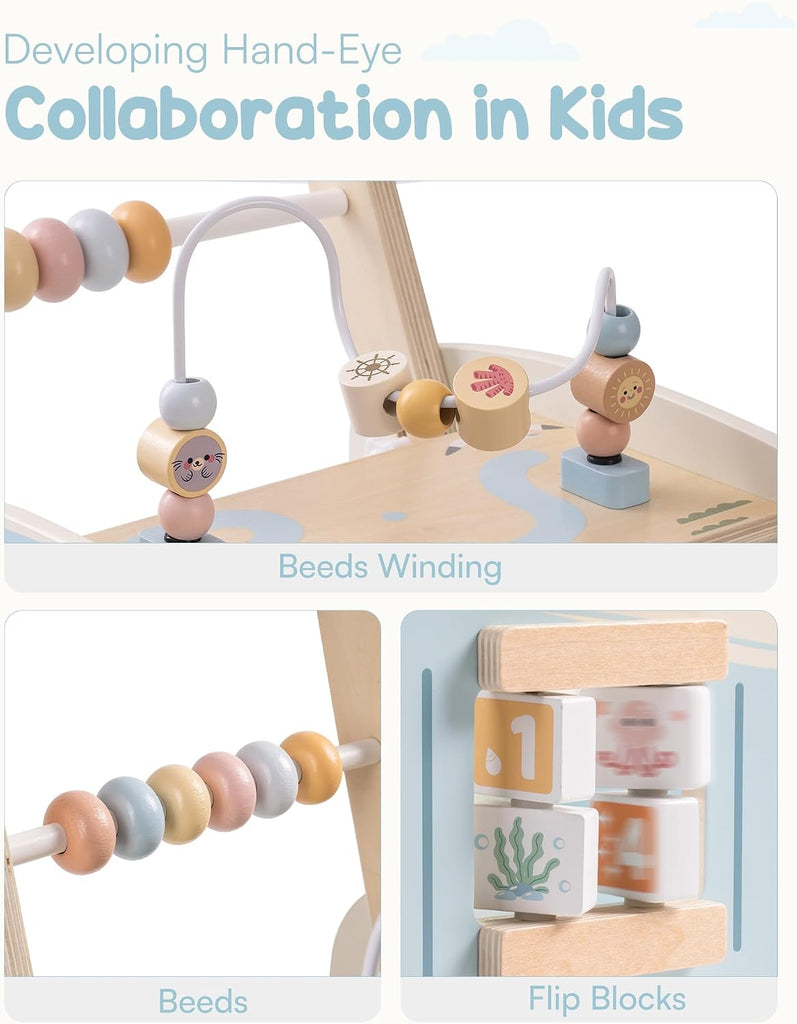 Wooden Baby Walker, Baby Push Walker, Baby Activity Center Toys, Ajustable Speed Multi-Functional Baby Walker