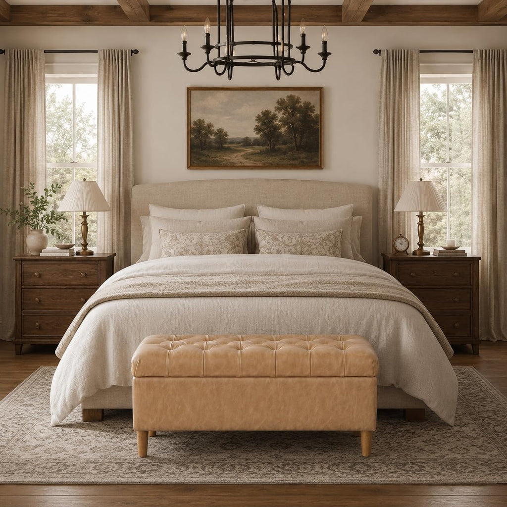 40" Button Tufted Storage Bench with Cone Wood Legs - Sand Faux Leather
