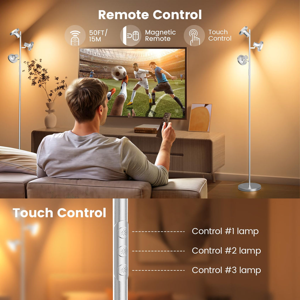 36W LED Tree Floor Lamp, Modern Dimmable Standing Lamp with Remote & Touch Control, 4 Color Temperatures, 3 Rotatable