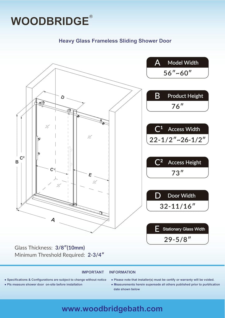 Frameless Sliding Shower, 56"-60" Width, 76" Height, 3/8" (10 mm) Clear Tempered Glass, Brushed Nickel Finish