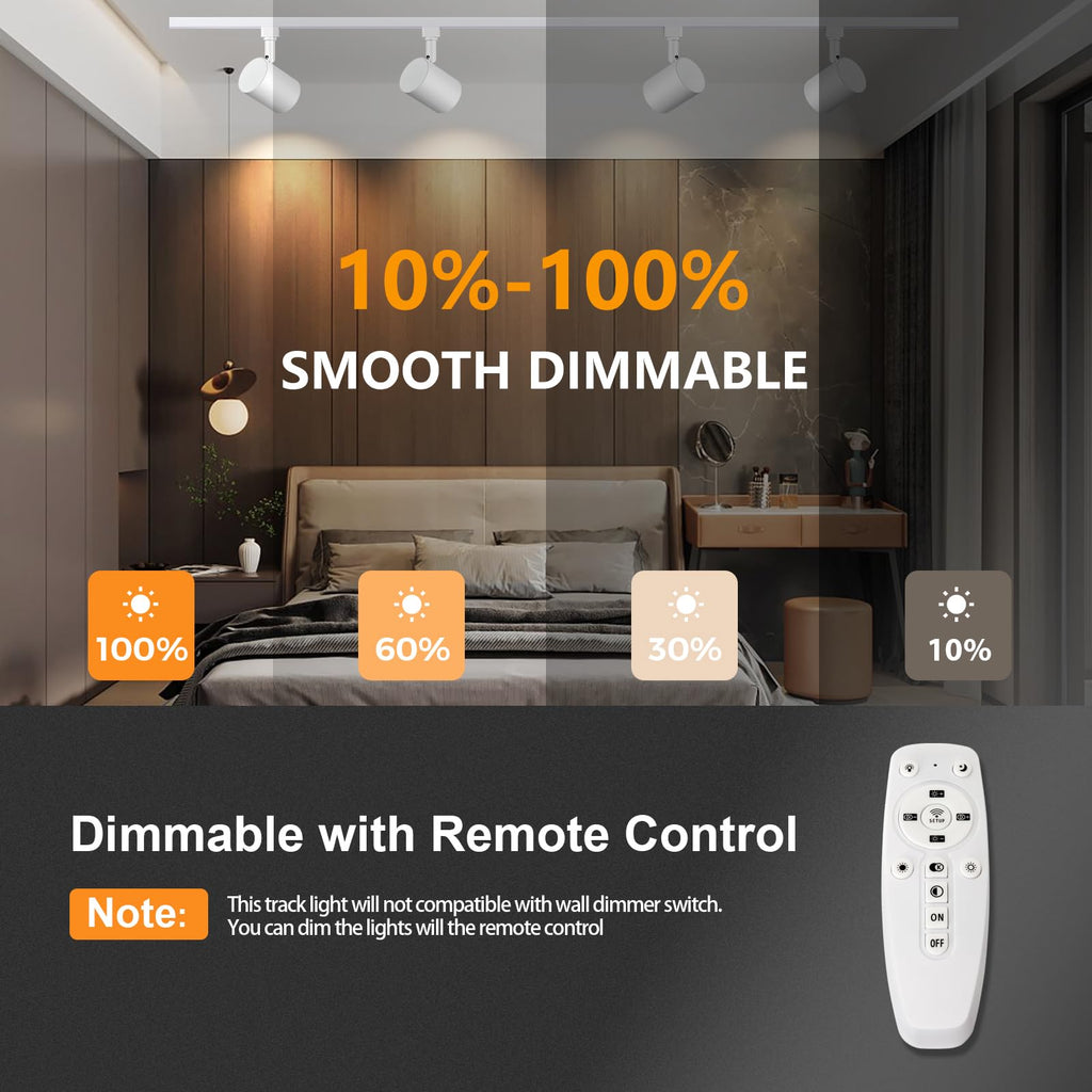 6 Lights Remote Control LED Track Lighting Kit Dimmable, 10W White