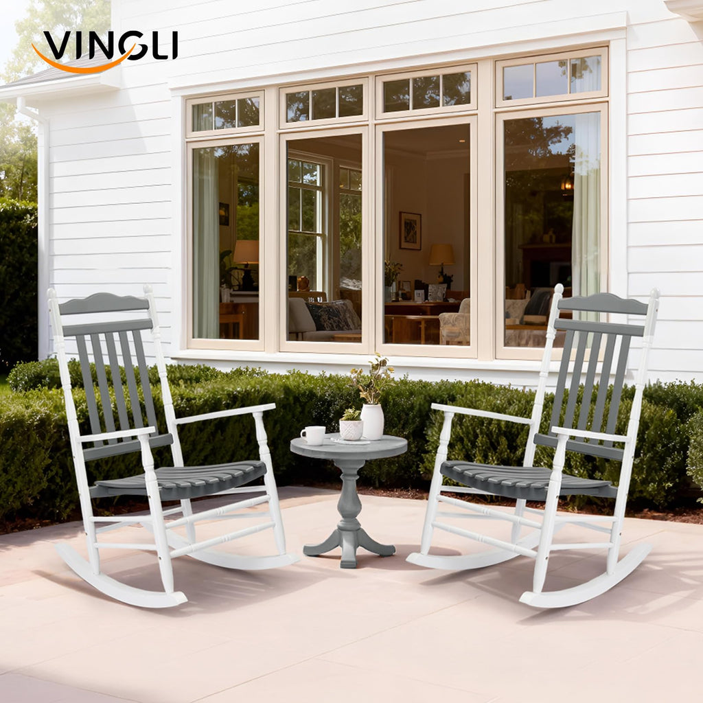 Wooden Rocking Chair Set of 2, Outdoor Rocking Chair, Grey&White
