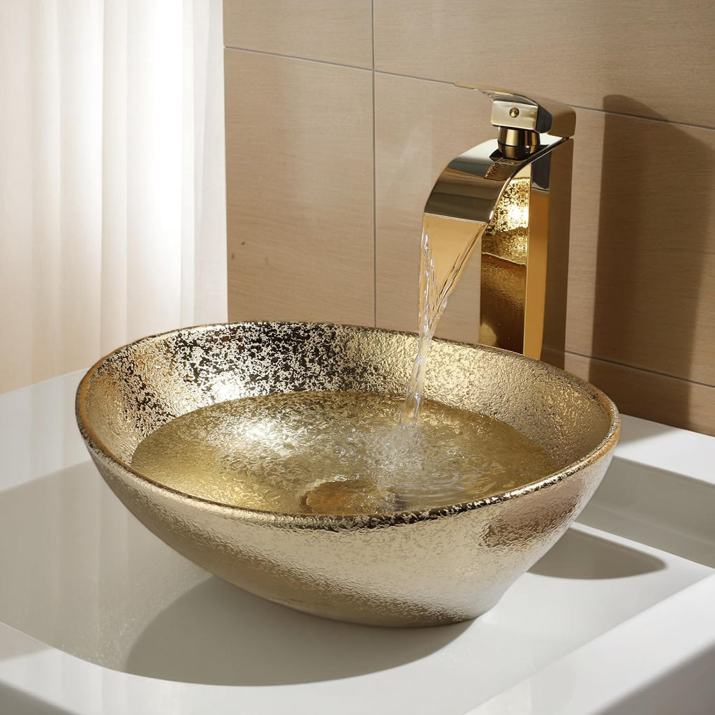 16" Gold Bathroom Sink Ceramic Vessel Sinks for Bathrooms Above Counter Bathroom Sink Oval Vessel Sink with Faucet and