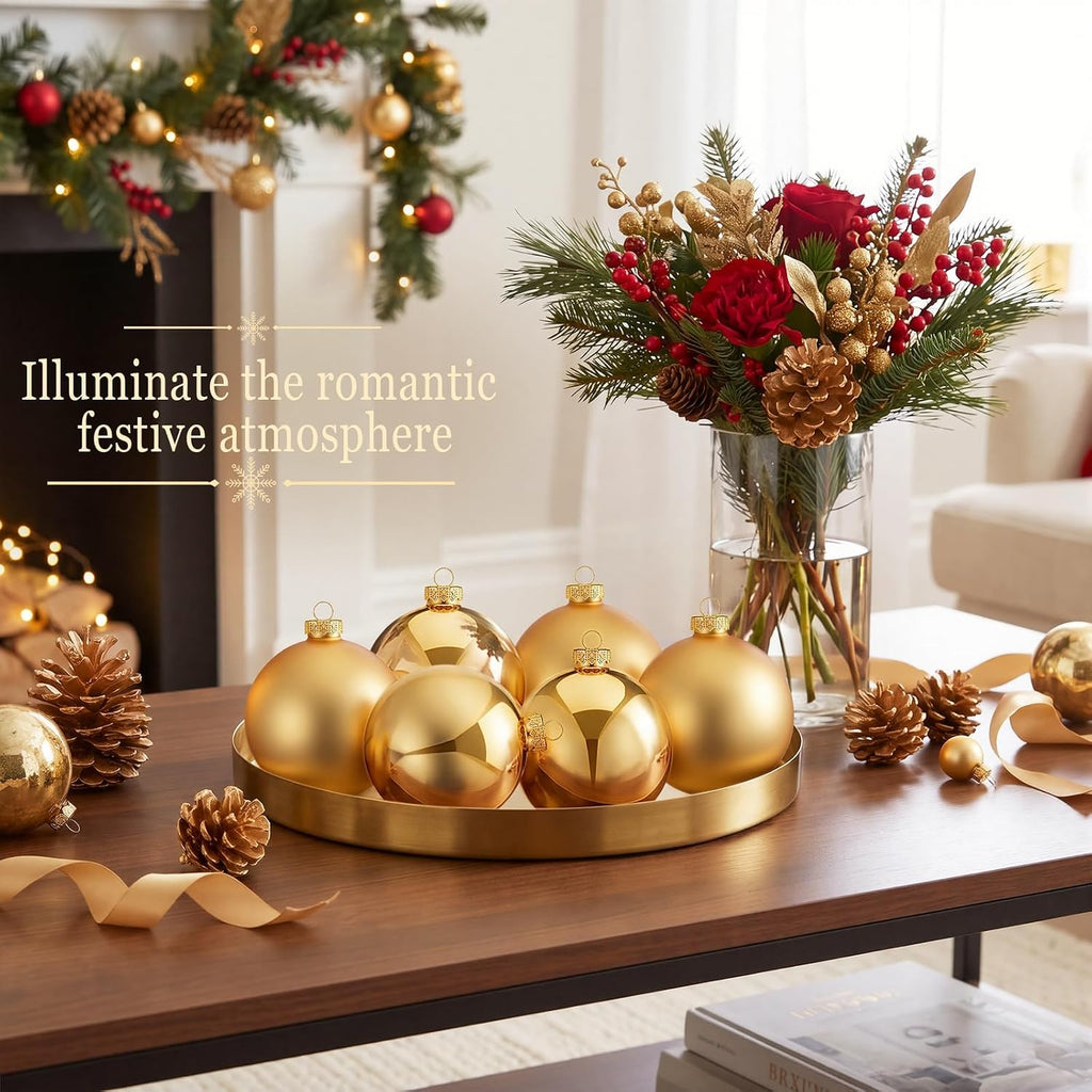 6 Pcs Large Christmas Glass Ornaments 4 Inch Balls, Gold