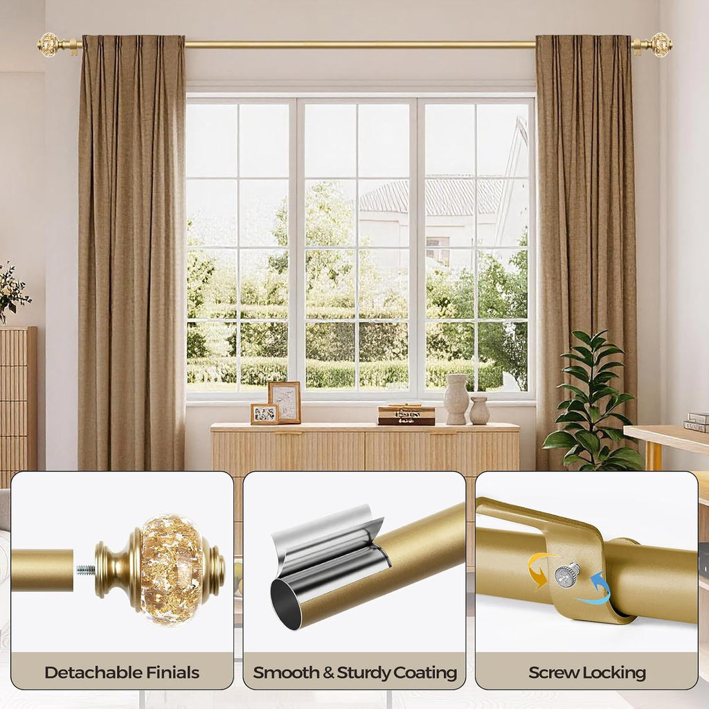 1 Inch Gold Curtain Rods for Windows, Telescoping Single Drapery Rod, Decorative