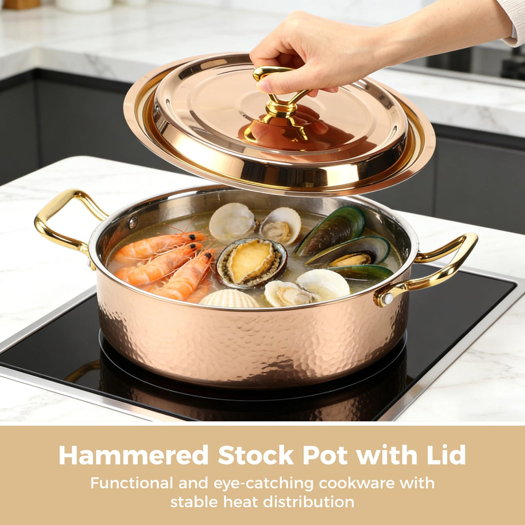 Hammered Copper Cookware with Lid, 10.2 in/4.2QT Rose Gold Stainless Steel Pot, Induction & Gas Compatible, Portable