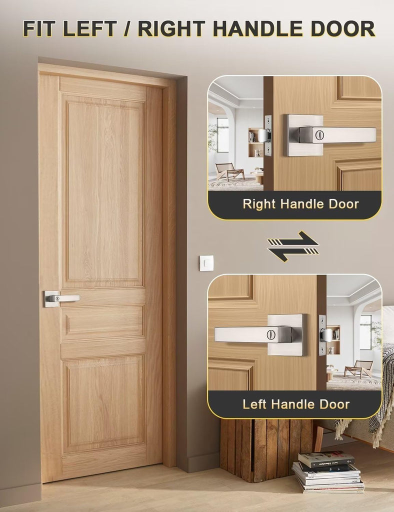 6 Pack Privacy Square Brushed Nickel Door Handles Interior, Keyless Door Knobs /Bathroom, Reversible for Left Right