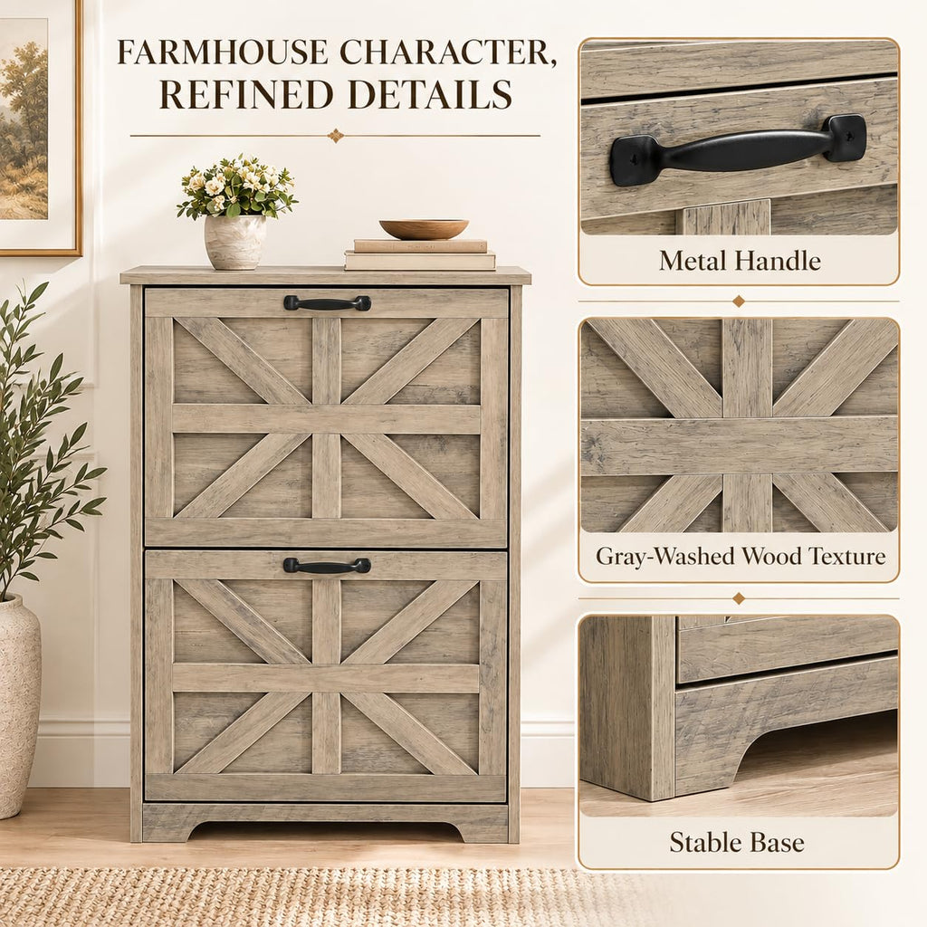 Farmhouse Narrow Shoe Storage Cabinet, Space-Saving Freestanding Shoe Rack Cabinet with 2 Flip-Up Drawers, Hidden