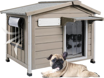 Outdoor Dog House with Chew-Proof Iron Frame, Wooden Dog Kennel Weatherproof, Removable Floor, Adjustable Vent Window