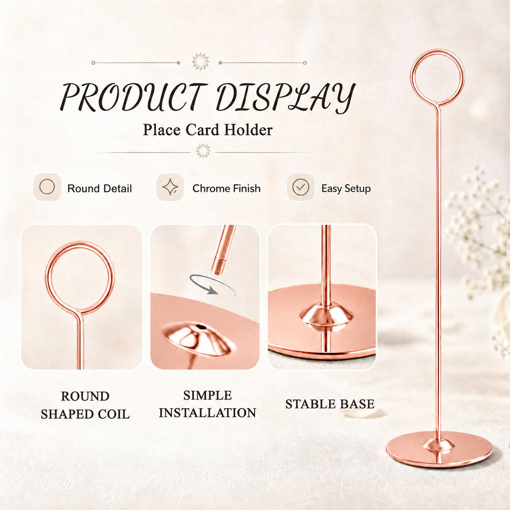 12 Inch Rosegold Steel Place Card Holder, 16 Pack Table Number Holder, Table Card Stand, Table Number Stand for Photos