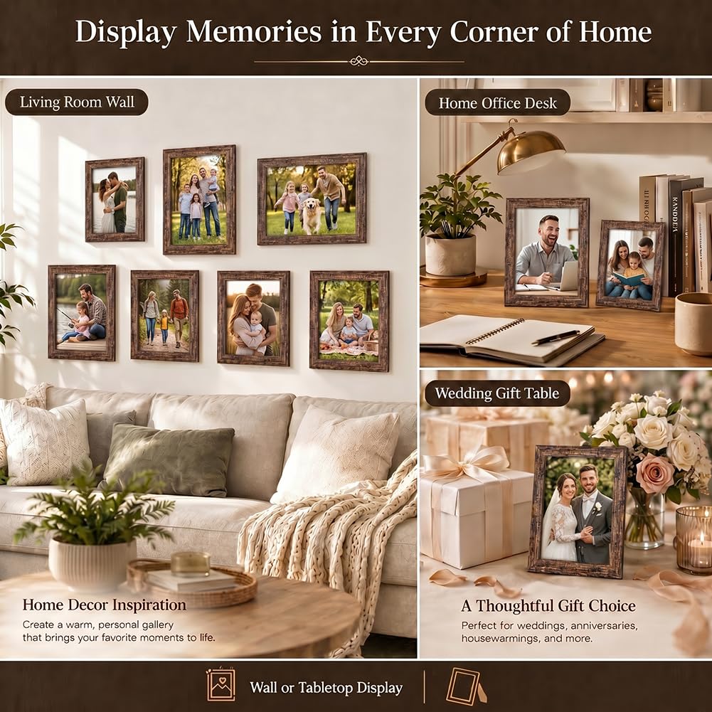 8x10 Picture Frame Set of 7, Rustic Frames Display 8 by 10 Inch Photo for Wall or Tabletop