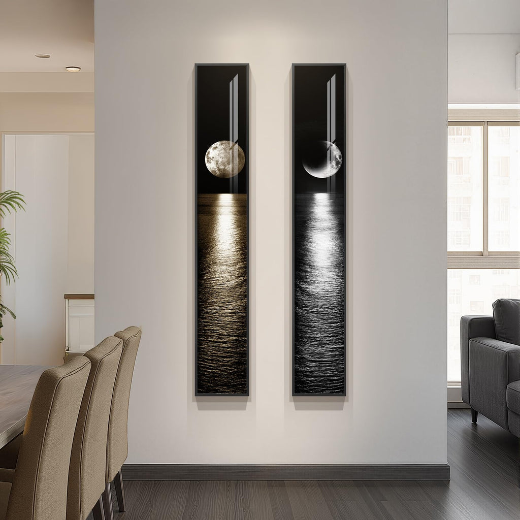 Framed Vertical Black White Gold Moon Landscape Wall Art Decor, 2 Pieces