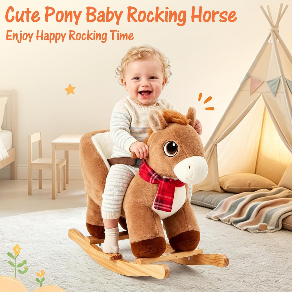Pony Rocking Horse for Toddlers 6 Months to 3 Years, Cute Baby Rocking Horse with Safety Belt, Stuffed Plush Ride on