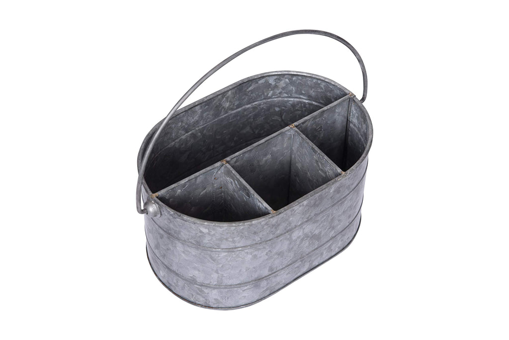 Galvanized Metal Storage Caddy with 4 Compartments and Handle, Grey
