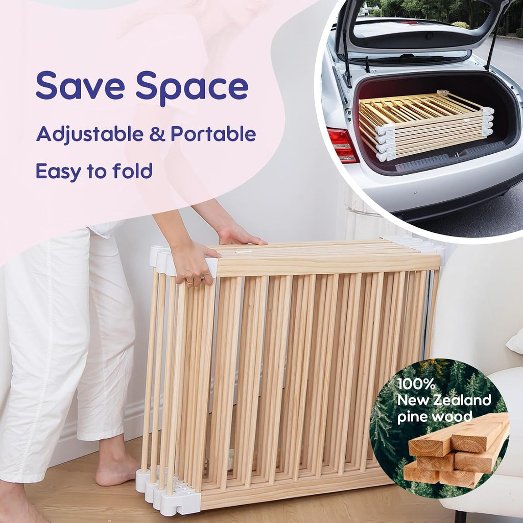 Foldable Wooden Playpen Baby Gate for Babies 3-18 Months-5.3x5.3 ft | 25" Tall Wood Playard Double-Locking for