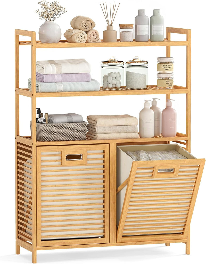 Double Tilt Out Laundry Hamper with 3-Tier Storage Shelf | 14 Gal Bamboo Laundry Storage Cabinet w/Removable Laundry