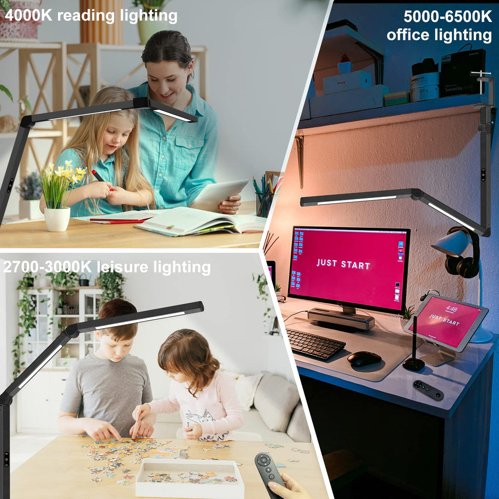 LED Desk Lamp with Clamp, Architect Desk Lamp with Remote Control, Swing Arm Clamp on Computer Light, Clip-on