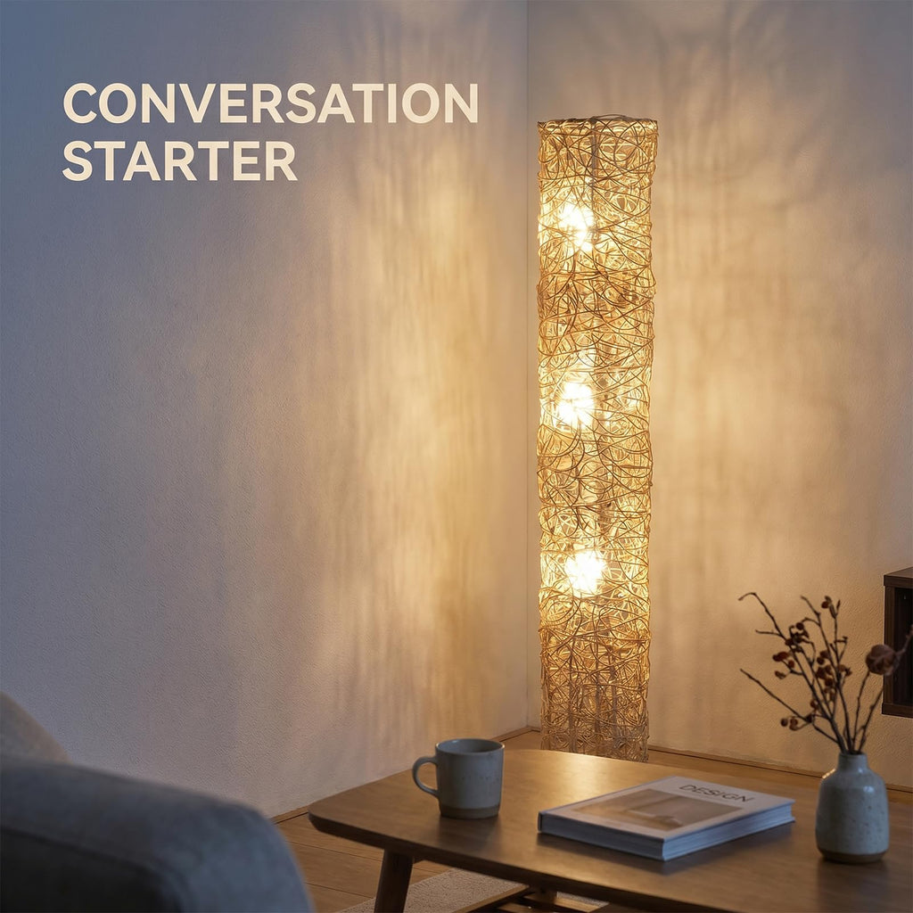 43in Boho Rattan Floor Lamp with 3 E26 LED Bulbs&3 Color Temperatures