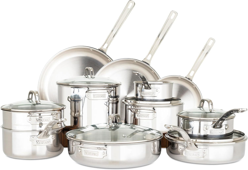 3-Ply Pots and Pans Set, 17 Piece Stainless Steel Cookware Glass Lids, Steamer Insert, Silver