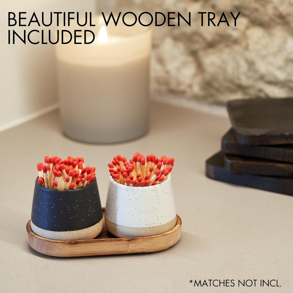Decorative Ceramic Match Holder with Wooden Tray with Striker - Set of 2