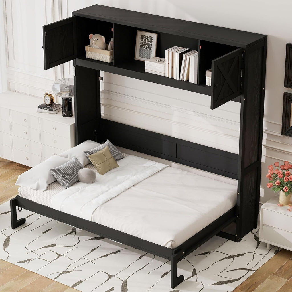 Full Horizontal Murphy Bed with Storage Cabinets,Solid Wood Farmhouse Hideaway Folding Farmhouse Murphy Wall Bed