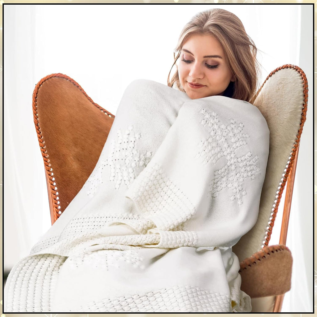 Christmas Crochet Throw Blanket White Knit Snowflake 50x60 Inch