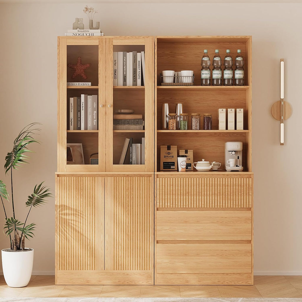 Tall Bookcase with Glass Doors and Drawers,71'' Wooden Bookshelf with Storage,Display Cabinet ,Set of 4 (Baab)