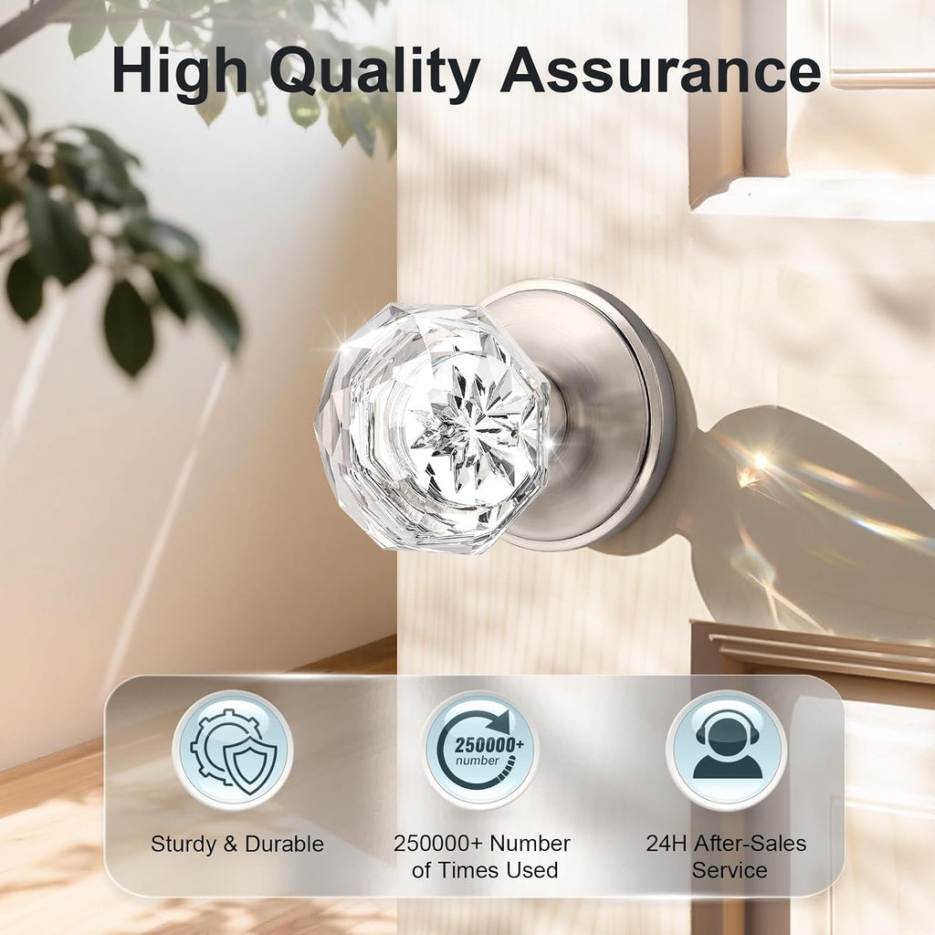 Passage Clear Glass Door Knob in Diamond Shape, Non-Locking Crystal Door Knob /Closets, Keyless Clear Diamond Glass