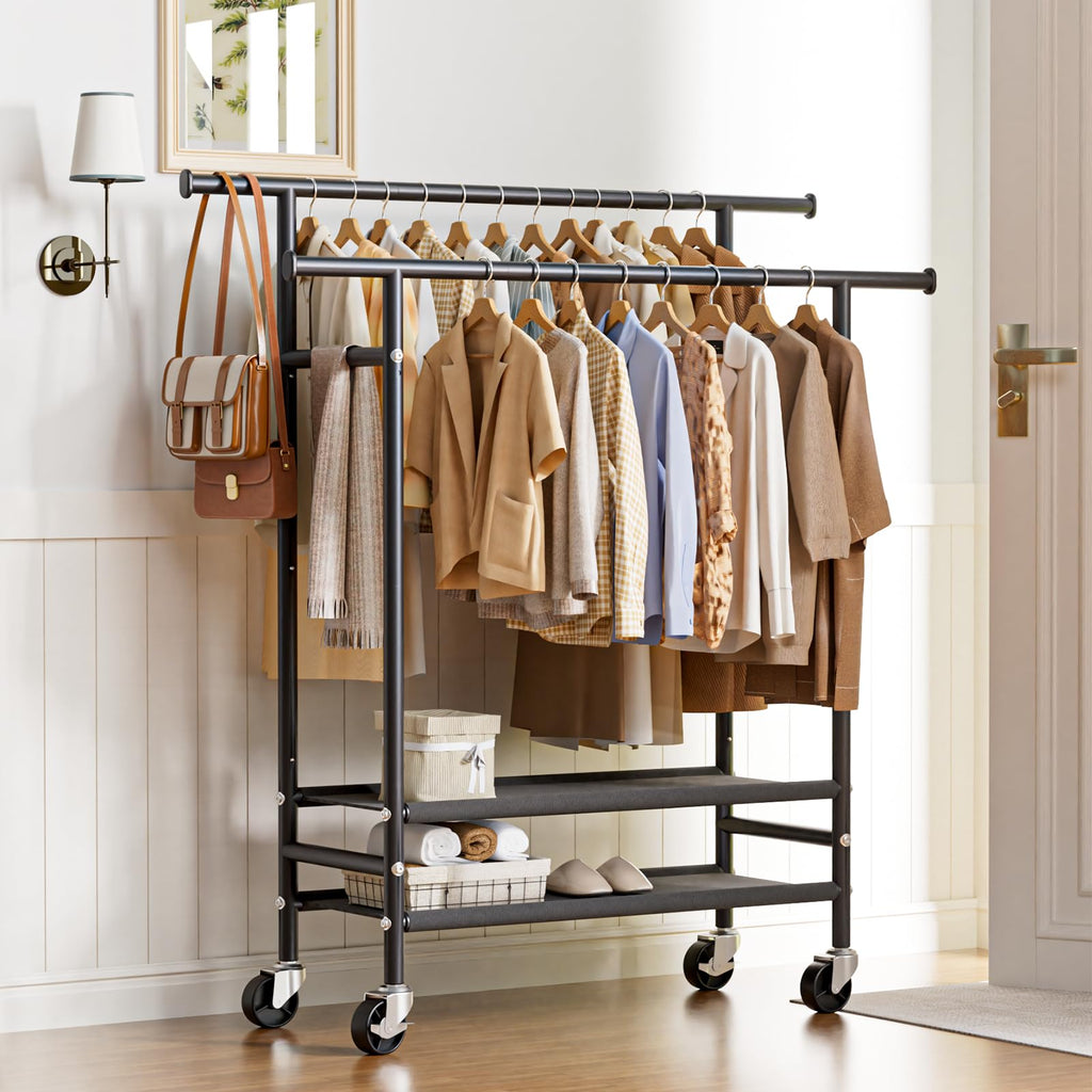 Double Rods Clothes Racks, Rolling Clothing Rack for Hanging Clothes with Wheels & Shelves, Portable Garment Coat