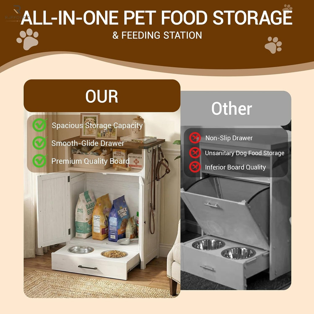 Dog Feeding Station with Storage, Rustic Barn Door Dog Food Cabinet with Pull-Out Stainless Steel Bowls, Pet Feeding