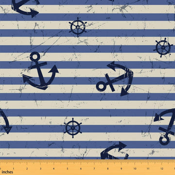Nautical Fabric By The Yard, Ship Anchor Rudder Upholstery Fabric, Stripes Ocean Coastal Theme Decorative Fabric