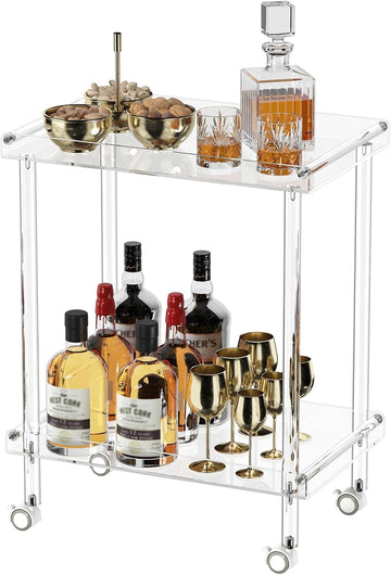 Acrylic Bar Cart, Rolling Serving Cart with 4 Lockable Wheels for the Home Bar, Kitchen, Living Room, Modern, 2-Tier