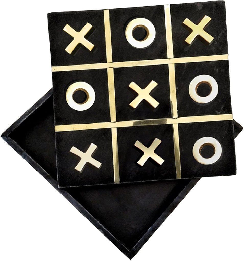 Leza Tic Tac Toe Game Set, Black Marble with Gold Inlay, 12 Inch