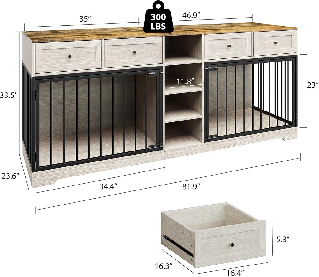 Double Dog Crate Furniture with Storage, Washed White