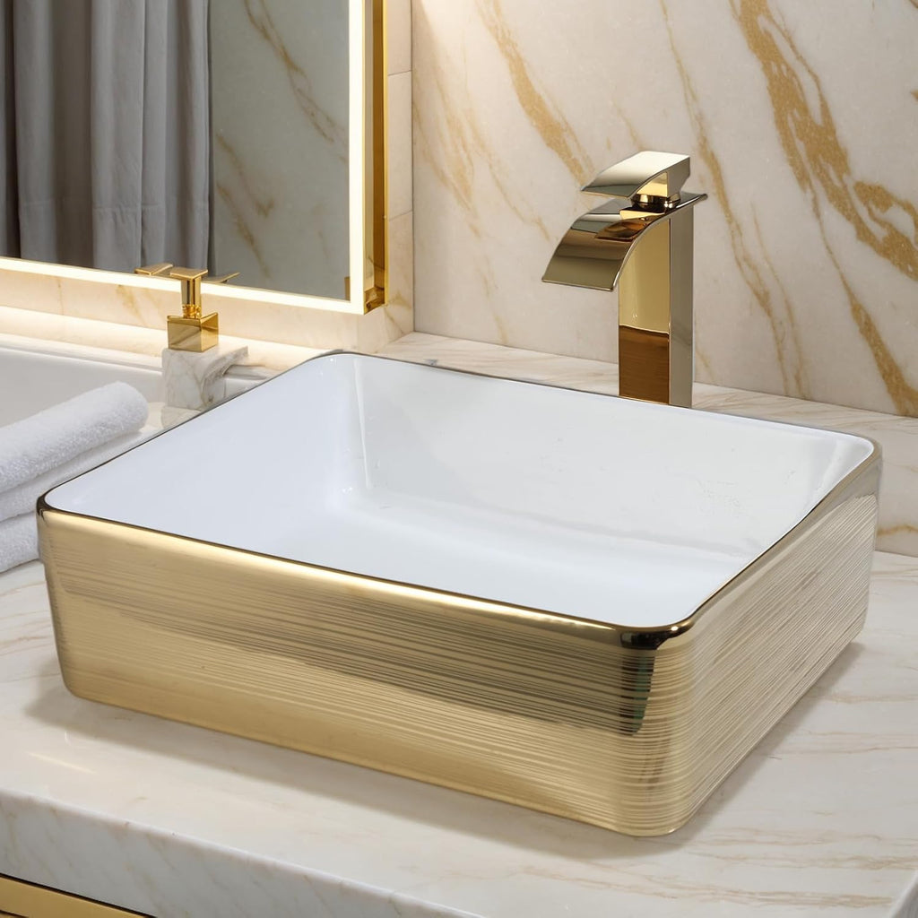 Gold Ceramic Vessel Sinks for Bathroom White Rectangle Above Counter Bathroom Vessel Sink with Faucet and Drain Combo