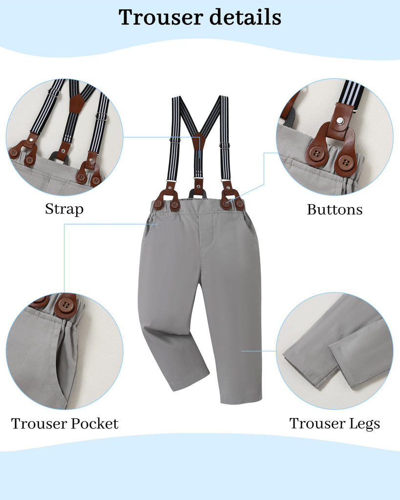 Boys Church Outfit Long Sleeve Dark Blue Grey Dress Shirt Bow Tie Suspender Pants Toddler Formal Outfit Boy